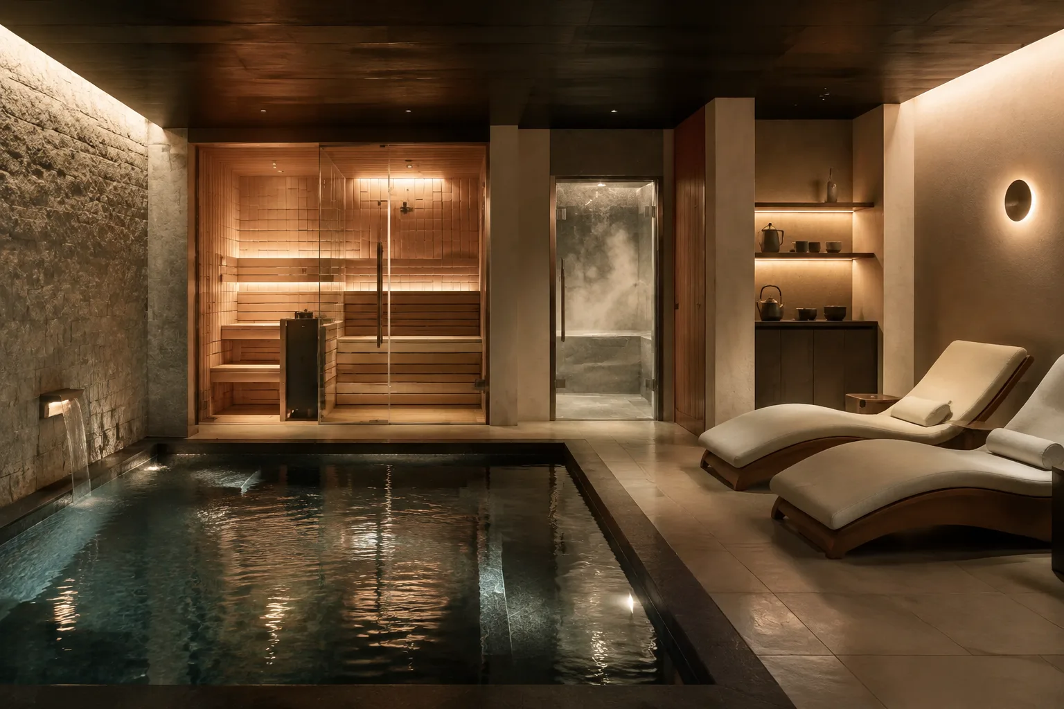 Area benessere privata con piscina, sauna e bagno di vapore
