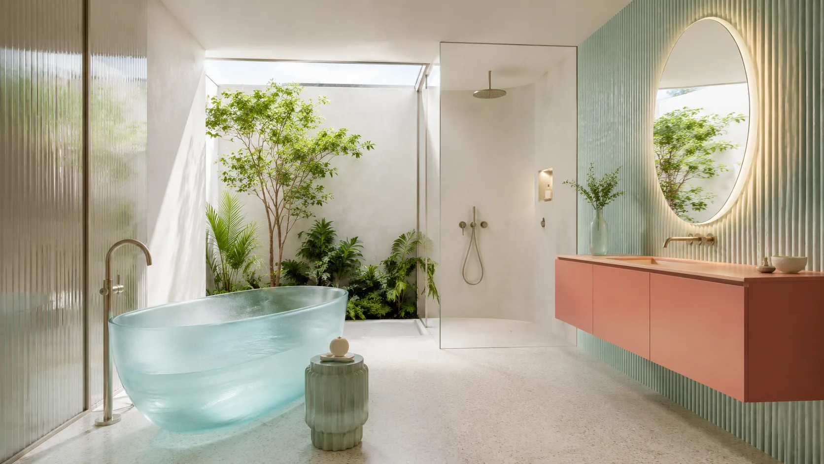Bagno contemporaneo con vasca in vetro e corte verde