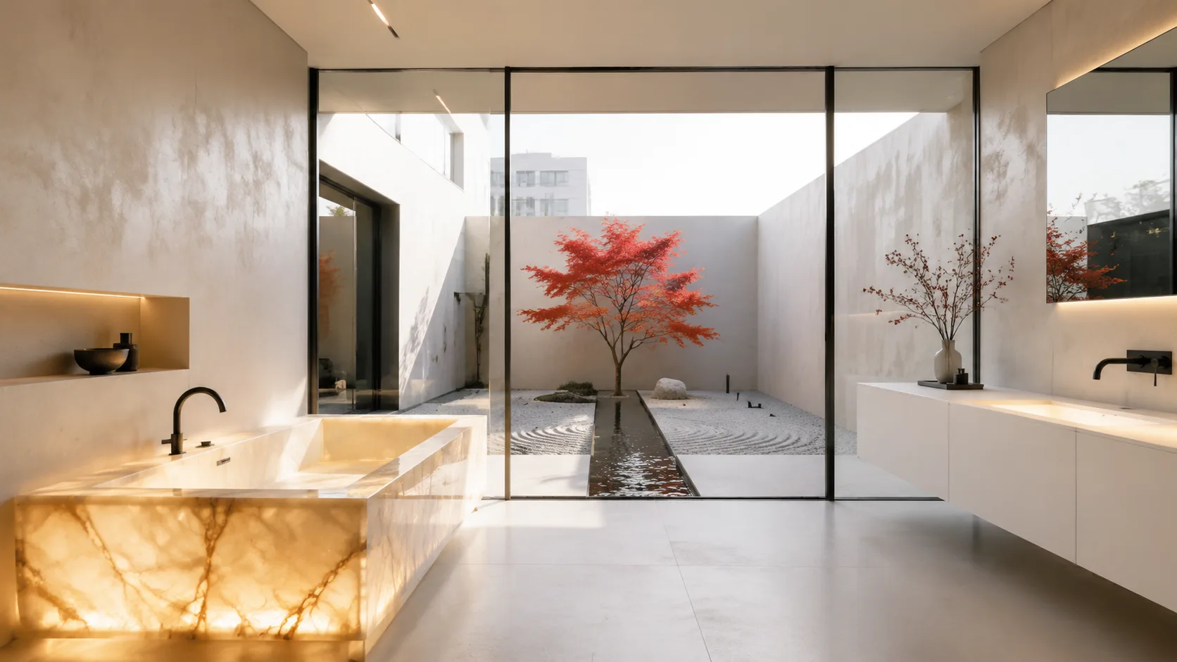 Bagno minimale con vasca in pietra retroilluminata e corte zen