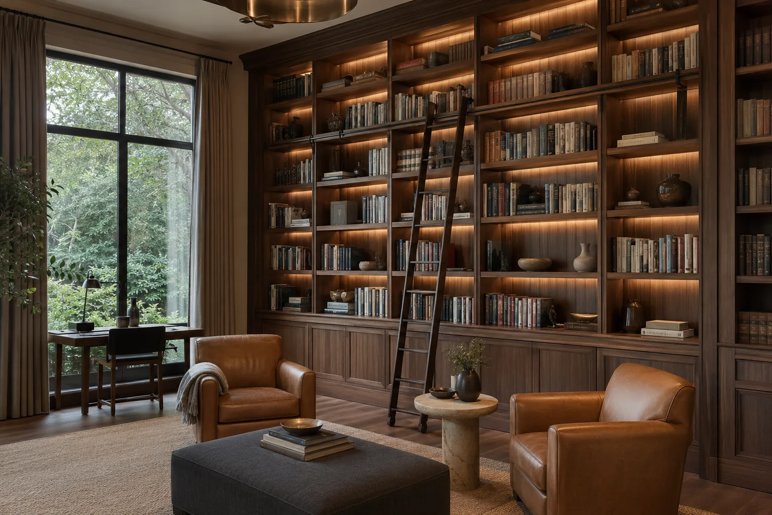 Biblioteca in legno su misura con illuminazione integrata