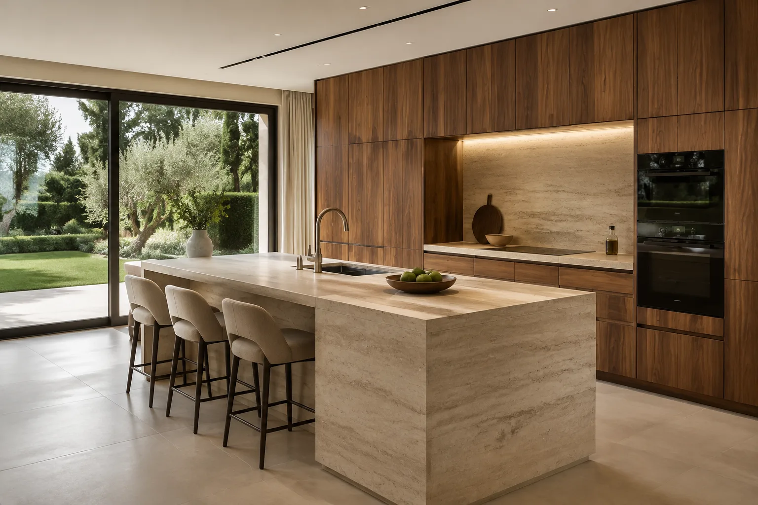 Cucina in noce e pietra con affaccio sul giardino