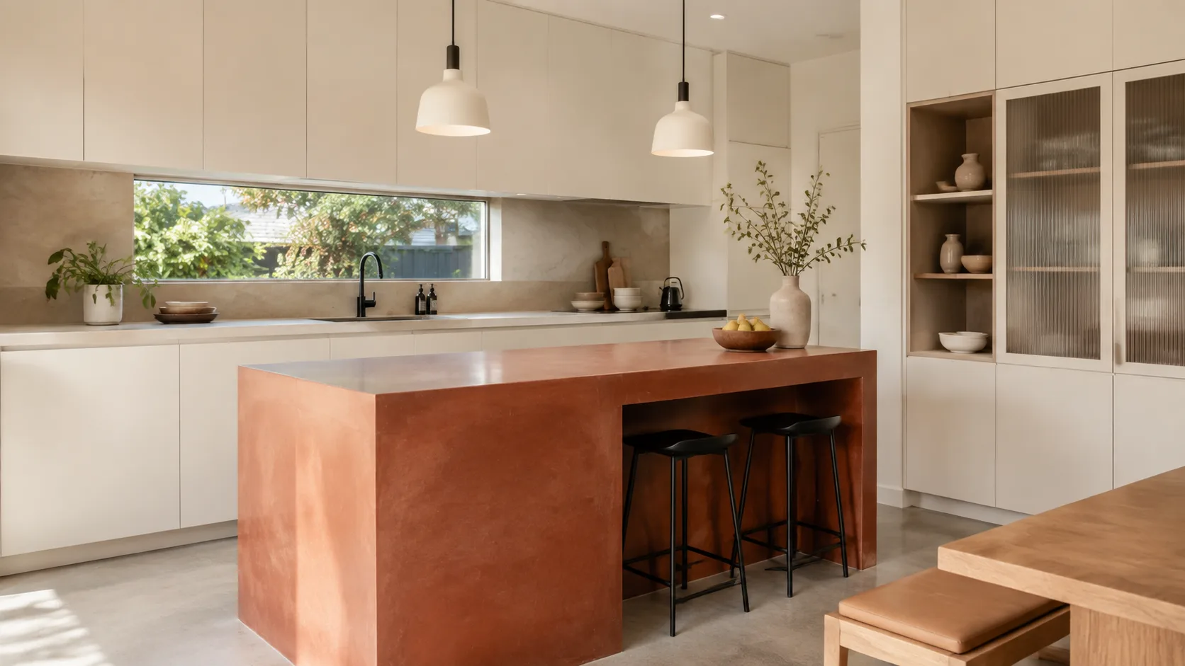 Cucina contemporanea con isola color terracotta