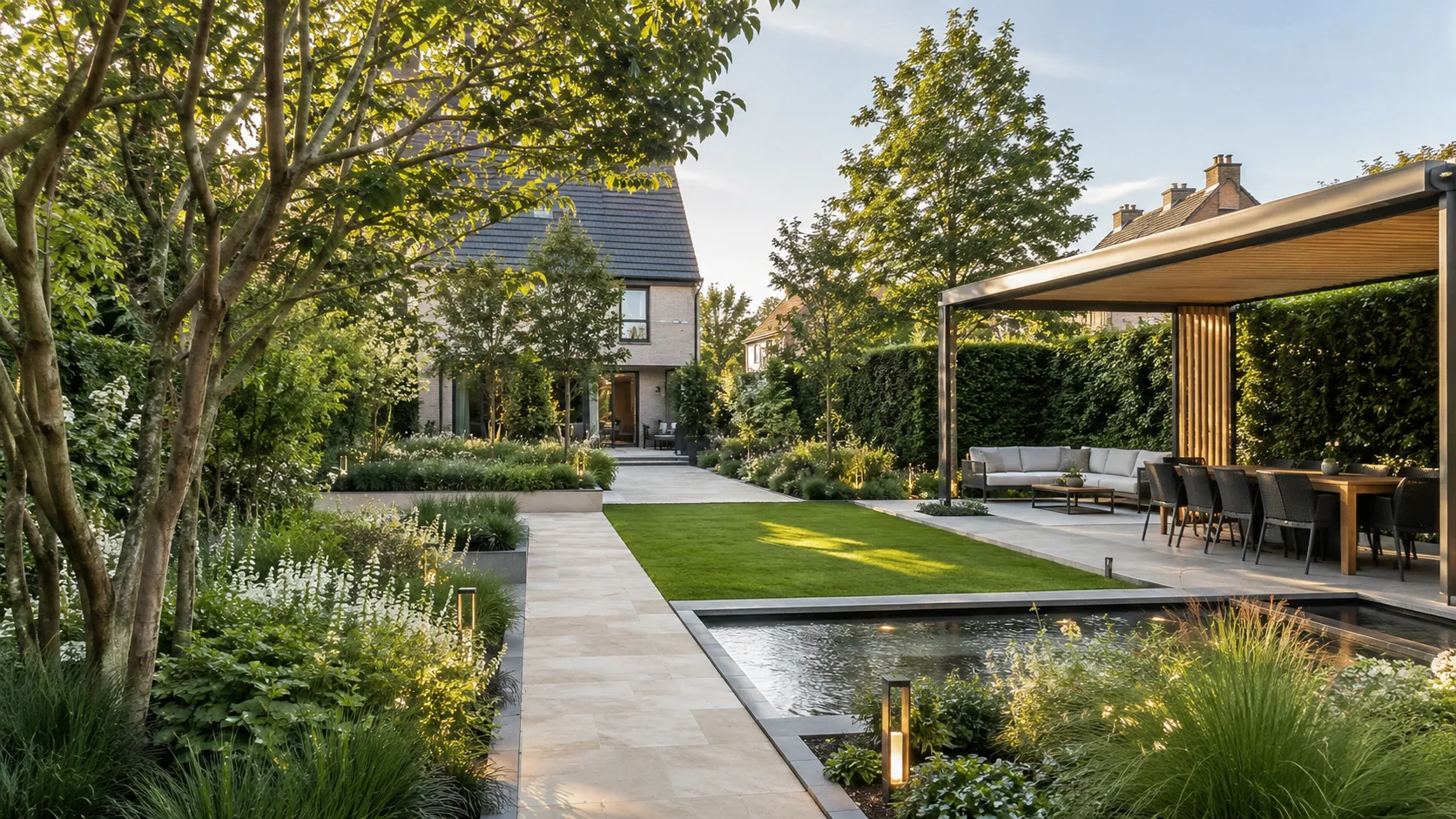Giardino residenziale con pergola, zona pranzo e specchio d’acqua