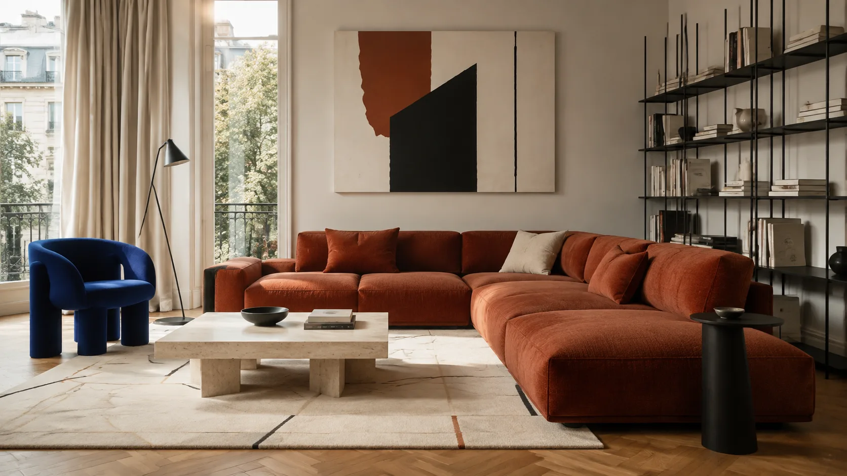 Living contemporaneo con divano terracotta e poltrona blu