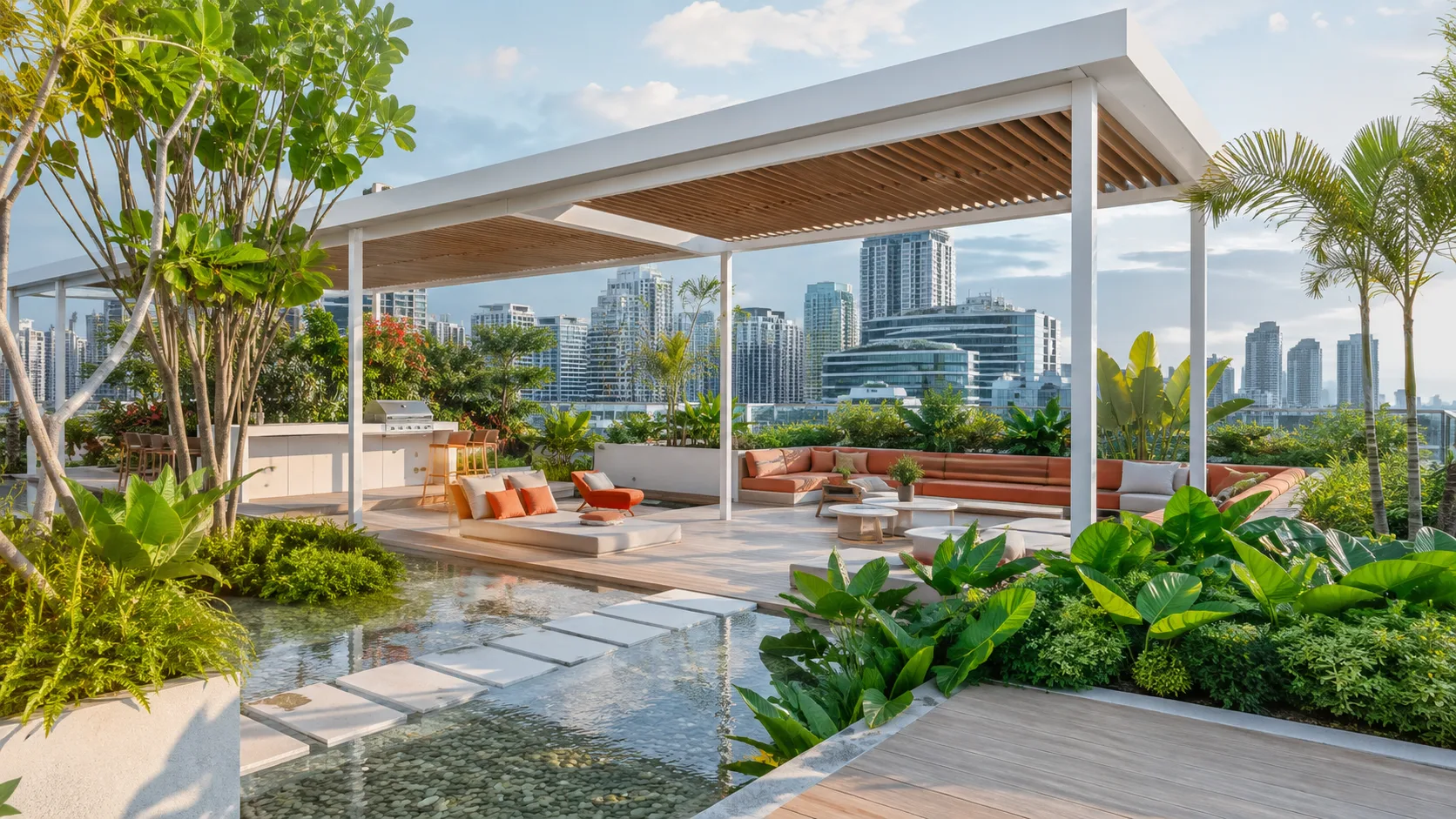 Terrazza urbana con pergola, vegetazione e vasca d’acqua