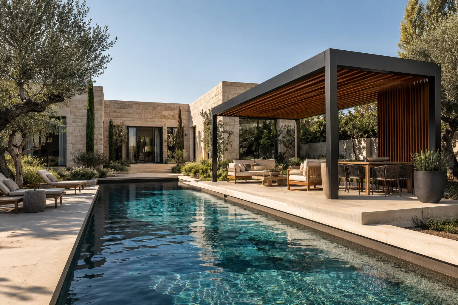 Villa in pietra con piscina e pergola tra gli ulivi